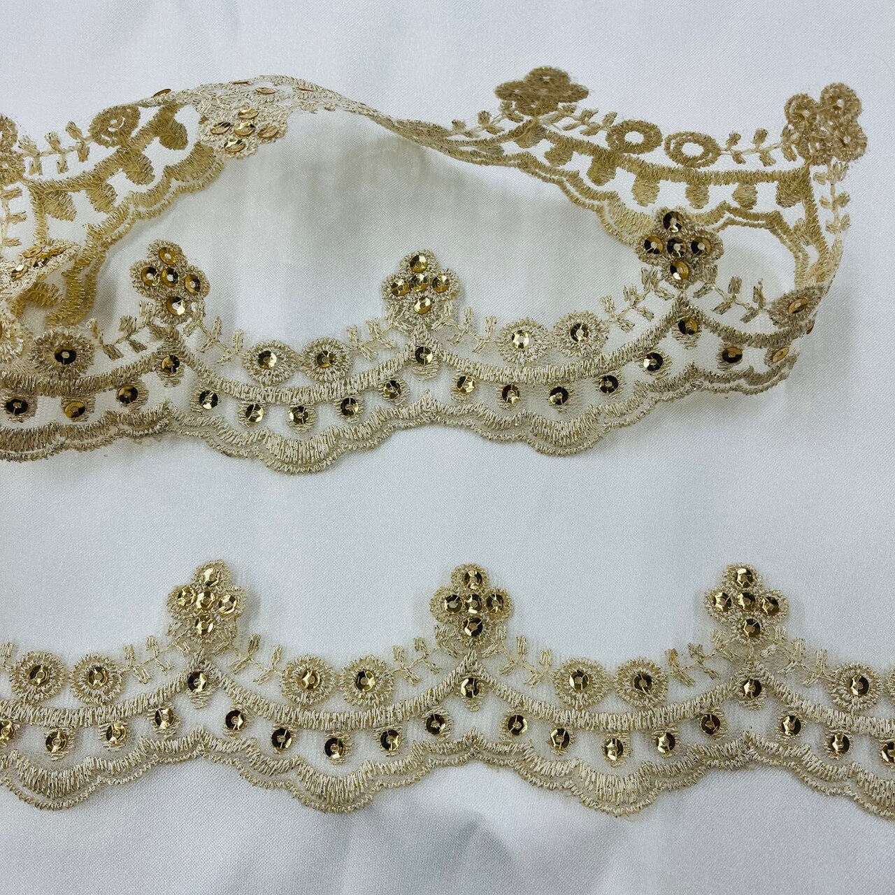 1 Yard Beaded Lace Trimming on Net Mesh | 2" Wide | Elegant Embroidered Trim for Bridal, Formalwear & Costumes